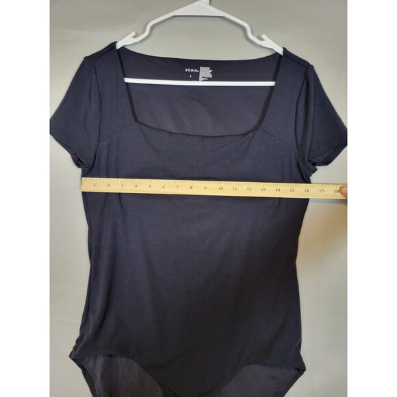 Soma Short Sleeve Square Neck Bodysuit Womens Large Black Ribbed Stretch Soft - Picture 7 of 11